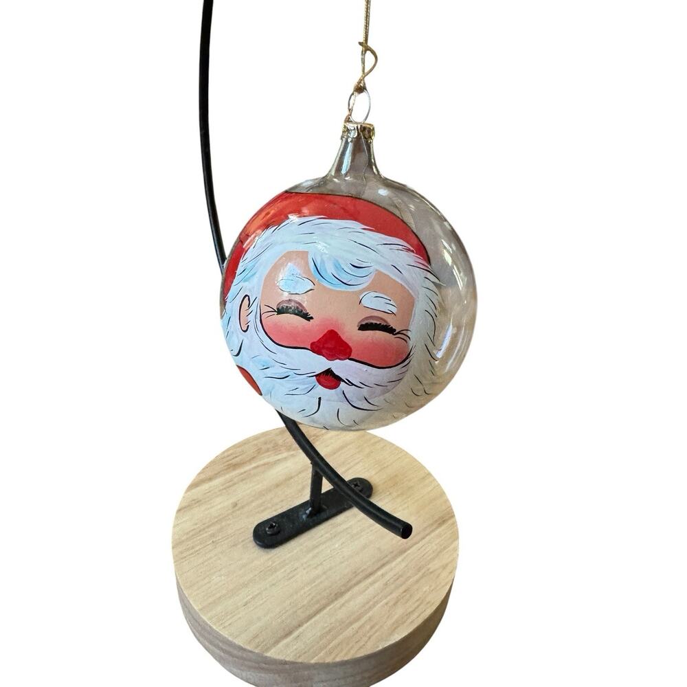 Vintage Hand Painted Santa Glass Ball Christmas Ornament Clear Mercury Style